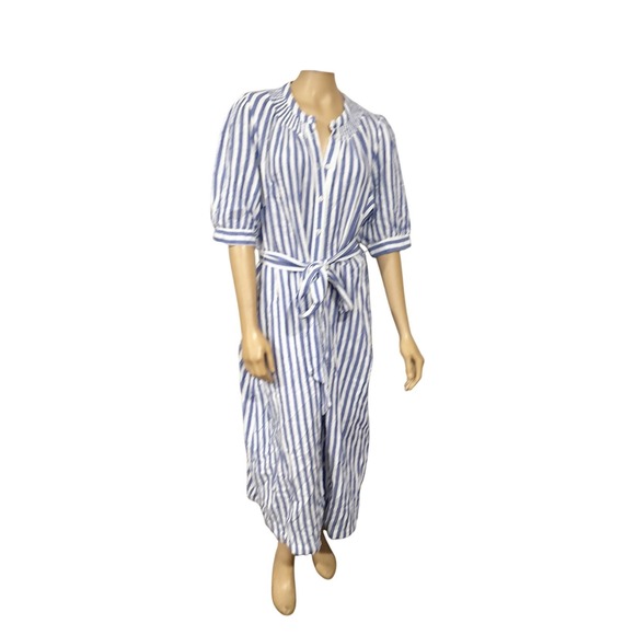 Boden Blue White Stripe Button Front Midi Dress Belted Puff Sleeve Resort - Picture 6 of 10